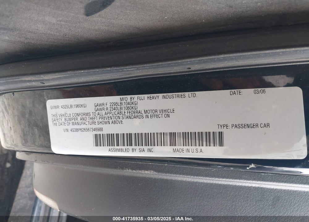 2006 SUBARU LEGACY VIN: 4S3BP626567346988