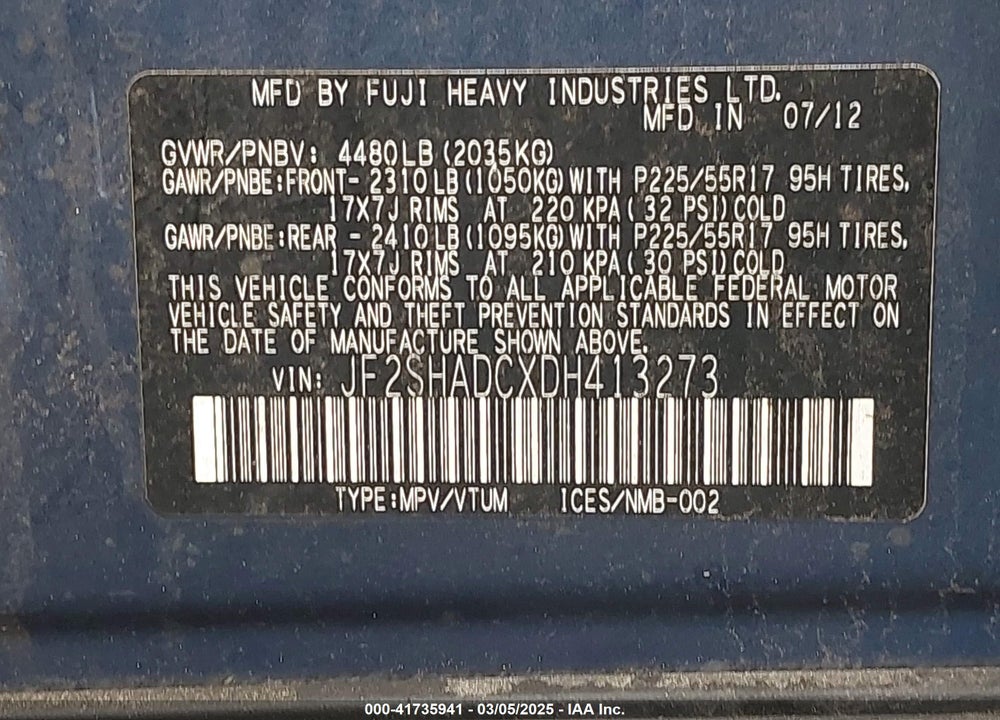 2013 SUBARU FORESTER 2.5X PREMIUM VIN: JF2SHADCXDH413273