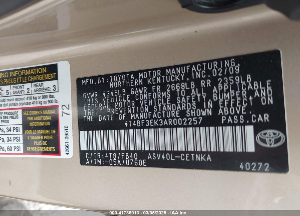 2010 TOYOTA CAMRY LE VIN: 4T4BF3EK3AR002257