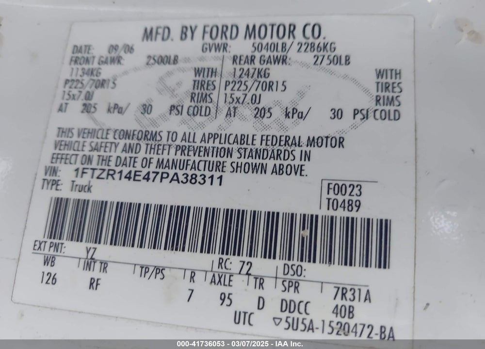 2007 FORD RANGER VIN: 1FTZR14E47PA38311