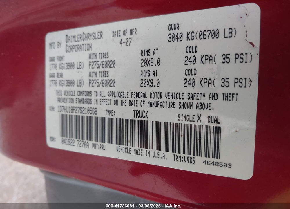 2007 DODGE RAM 1500 VIN: 1D7HU18P27S210568