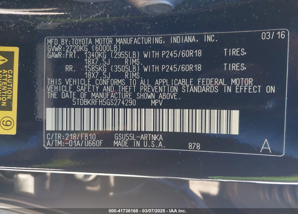2016 TOYOTA HIGHLANDER LE V6 VIN: 5TDBKRFH5GS274290