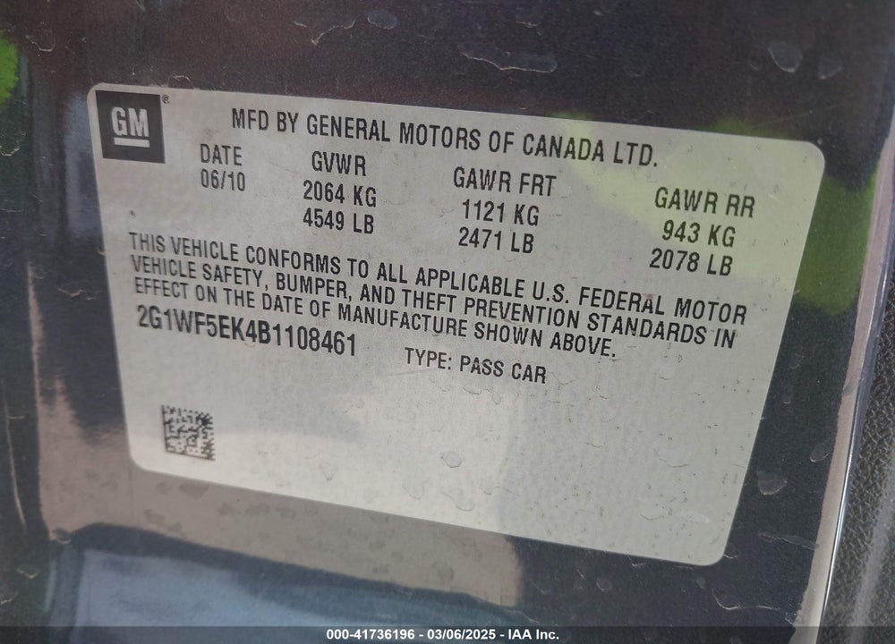 2011 CHEVROLET IMPALA VIN: 2G1WF5EK4B1108461