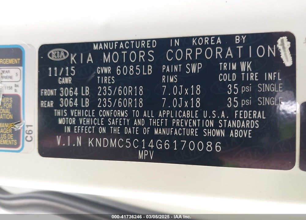 2016 KIA SEDONA SX VIN: KNDMC5C14G6170086