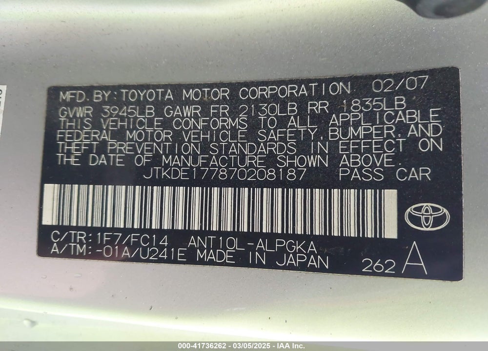 2007 SCION TC VIN: JTKDE177870208187