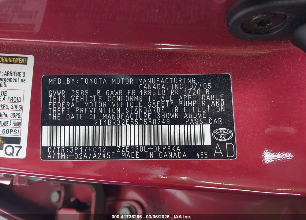 2005 TOYOTA COROLLA S VIN: 2T1BR32E55C550249