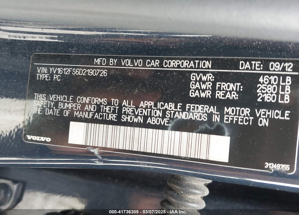 2013 VOLVO S60 VIN: YV1612FS6D2190726