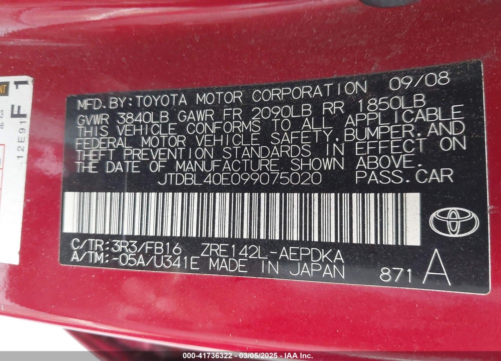 2009 TOYOTA COROLLA VIN: JTDBL40E099075020