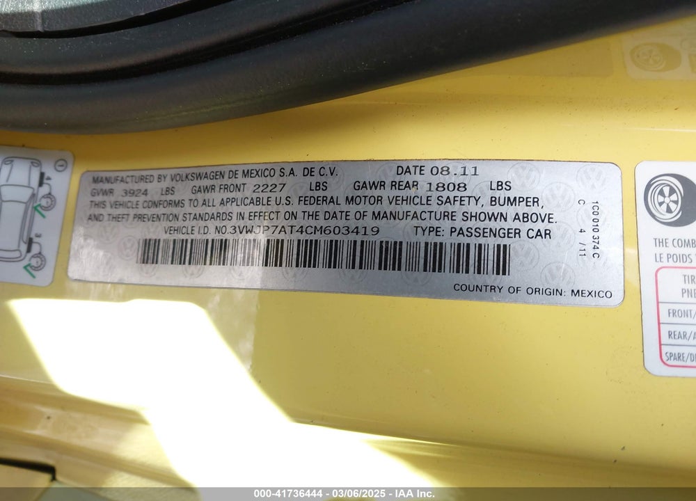 2012 VOLKSWAGEN BEETLE 2.5L VIN: 3VWJP7AT4CM603419