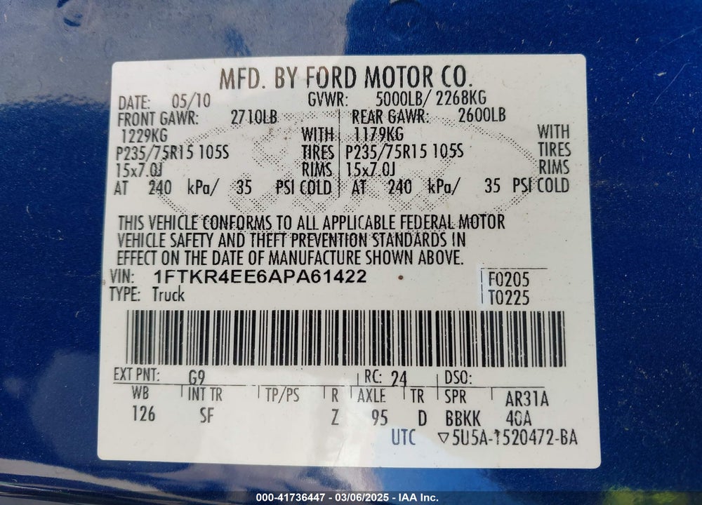 2010 FORD RANGER VIN: 1FTKR4EE6APA61422