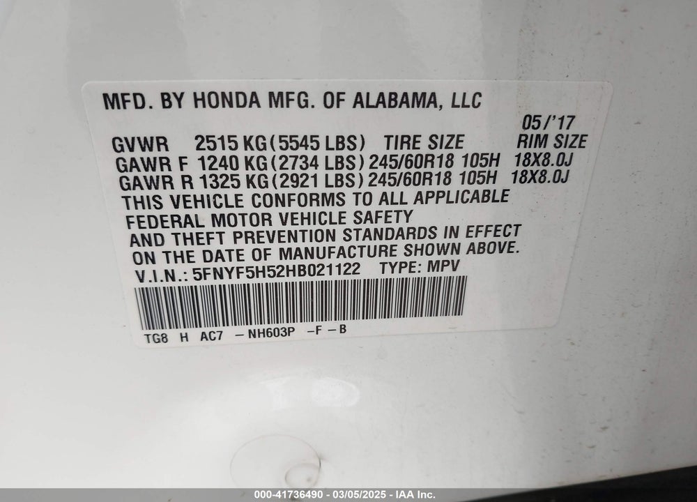 2017 HONDA PILOT EX-L VIN: 5FNYF5H52HB021122