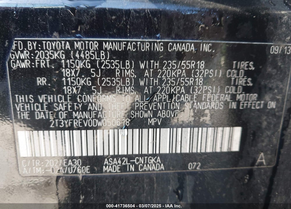 2013 TOYOTA RAV4 VIN: 2T3YFREV0DW050618