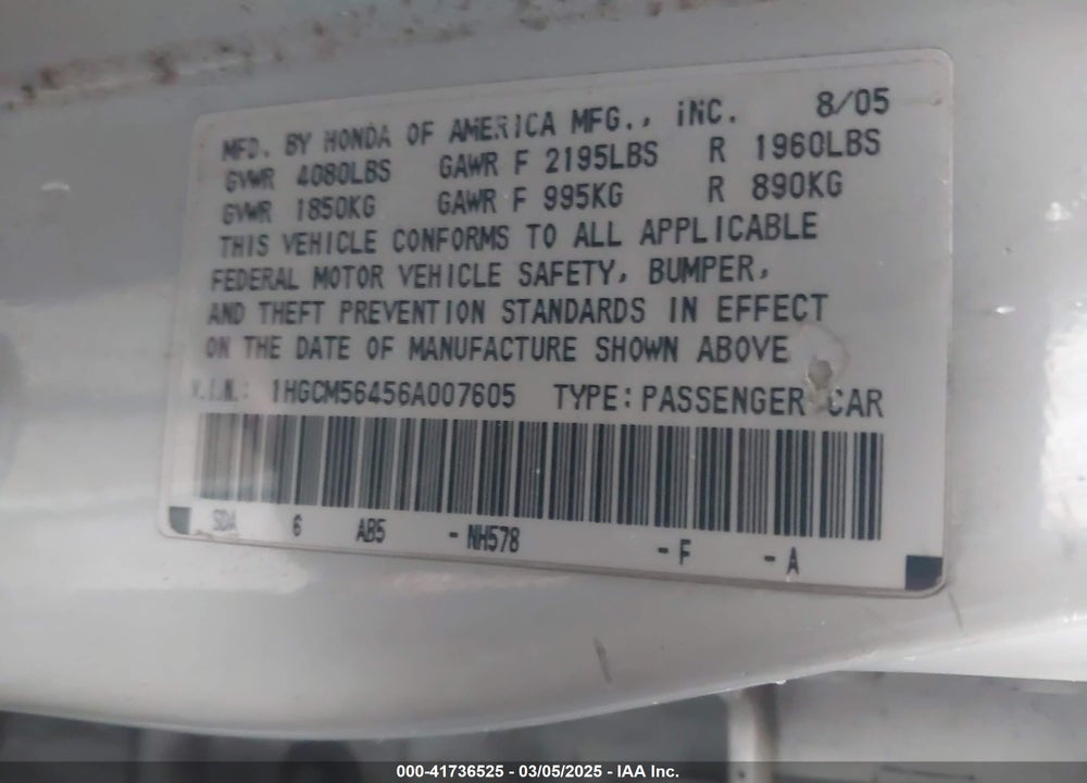 2006 HONDA ACCORD VIN: 1HGCM56456A007605