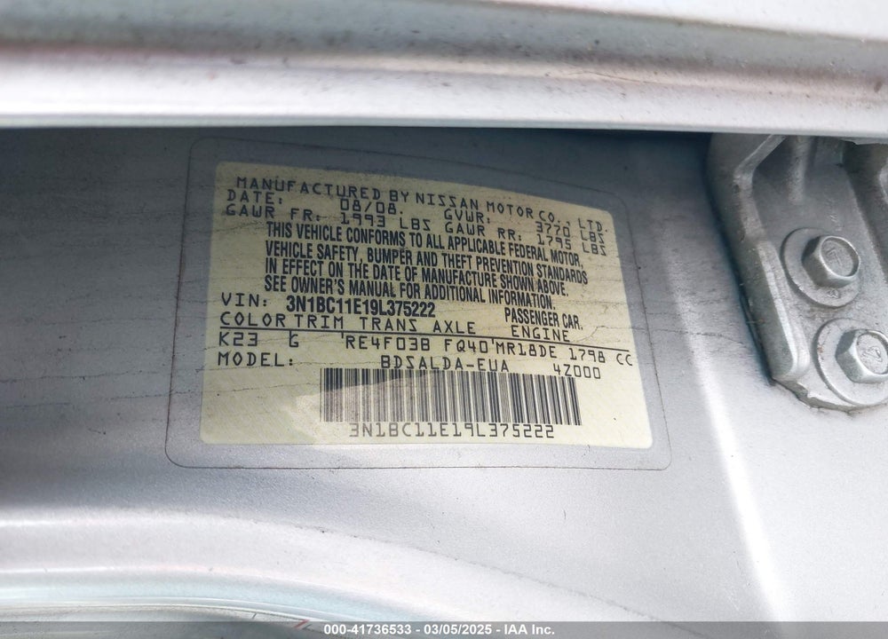 2009 NISSAN VERSA VIN: 3N1BC11E19L375222