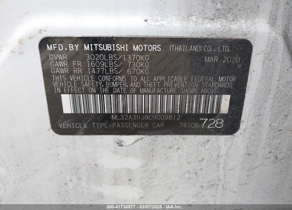 2020 MITSUBISHI MIRAGE VIN: ML32A3HJ9LH009812