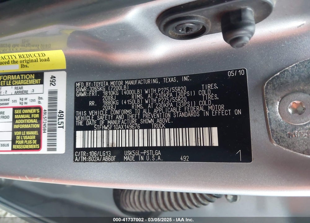 2010 TOYOTA TUNDRA VIN: 5TFHW5F10AX149676
