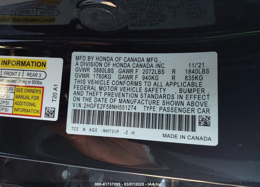 2022 HONDA CIVIC VIN: 2HGFE2F58NH551274