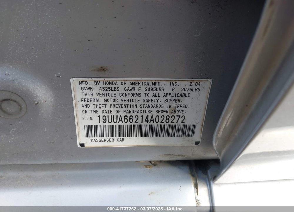 2004 ACURA TL VIN: 19UUA66214A028272