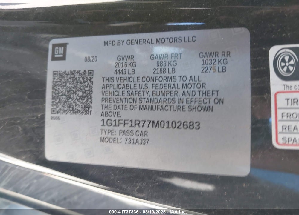 2021 CHEVROLET CAMARO VIN: 1G1FF1R77M0102683