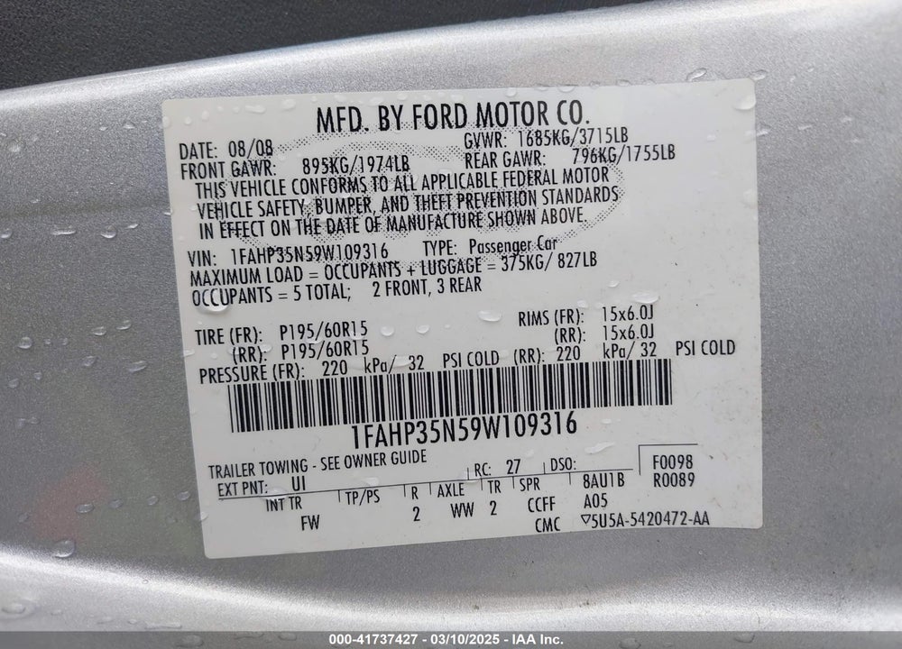 2009 FORD FOCUS SE VIN: 1FAHP35N59W109316