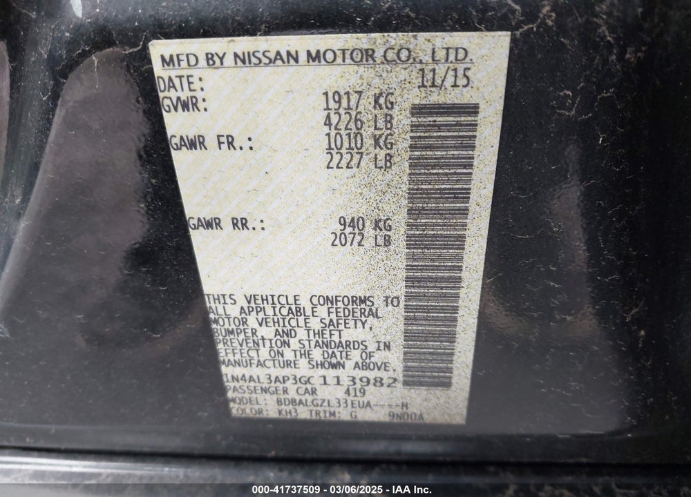 2016 NISSAN ALTIMA VIN: 1N4AL3AP3GC113982