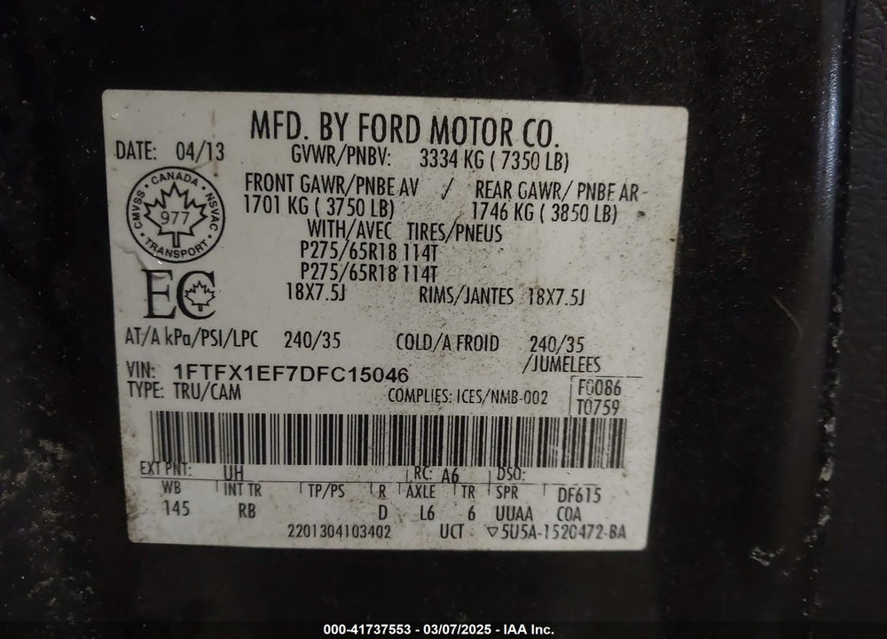 2013 FORD F-150 VIN: 1FTFX1EF7DFC15046