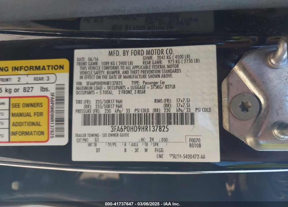 2017 FORD FUSION VIN: 3FA6P0HD9HR137825