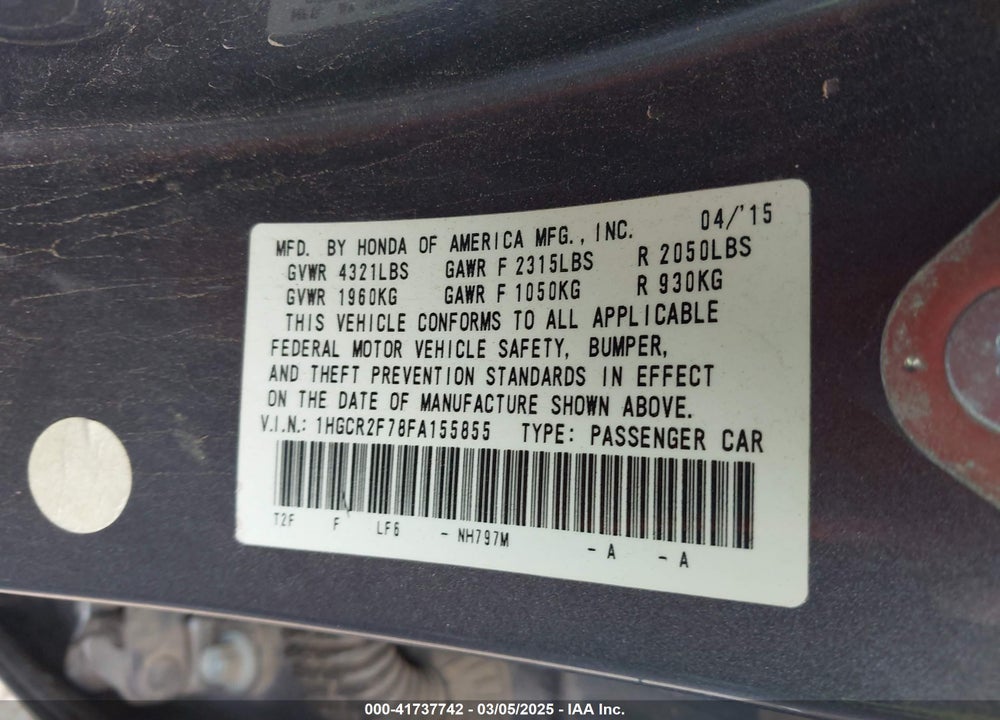 2015 HONDA ACCORD VIN: 1HGCR2F78FA155855