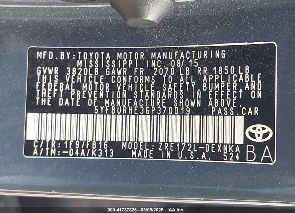 2016 TOYOTA COROLLA VIN: 5YFBURHE3GP370019