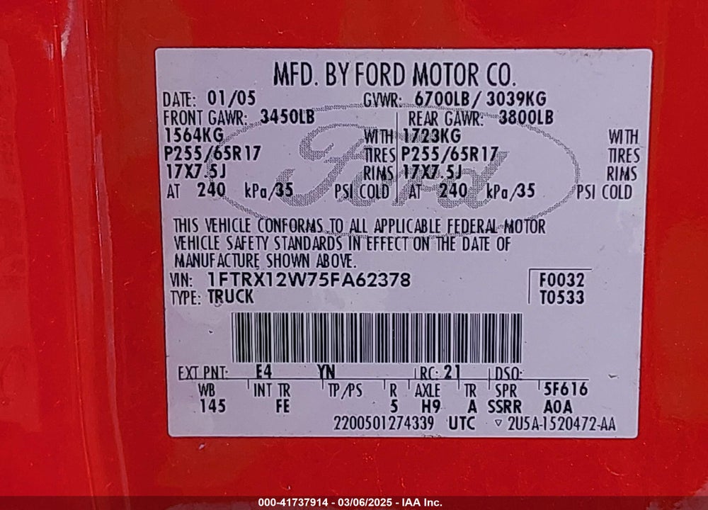 2005 FORD F-150 STX/XL/XLT VIN: 1FTRX12W75FA62378