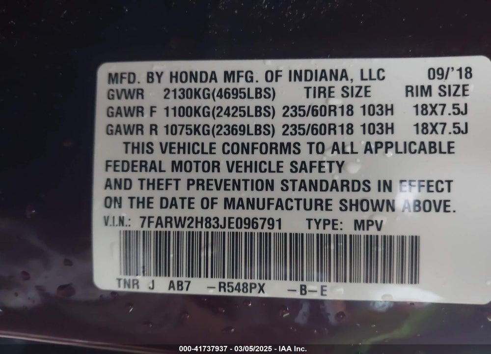 2018 HONDA CR-V VIN: 7FARW2H83JE096791