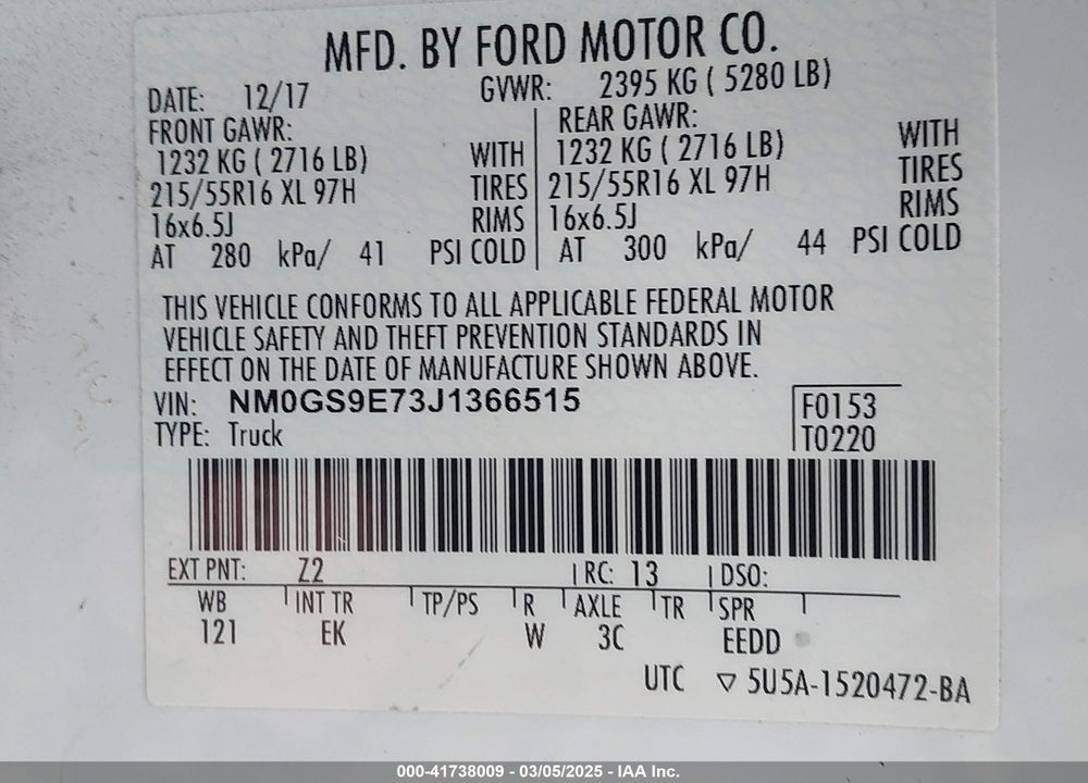 2018 FORD TRANSIT CONNECT XL VIN: NM0GS9E73J1366515