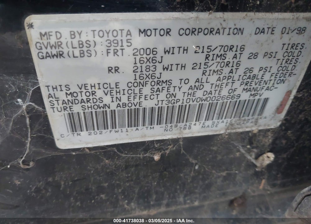 1998 TOYOTA RAV4 VIN: JT3GP10V0W0026669
