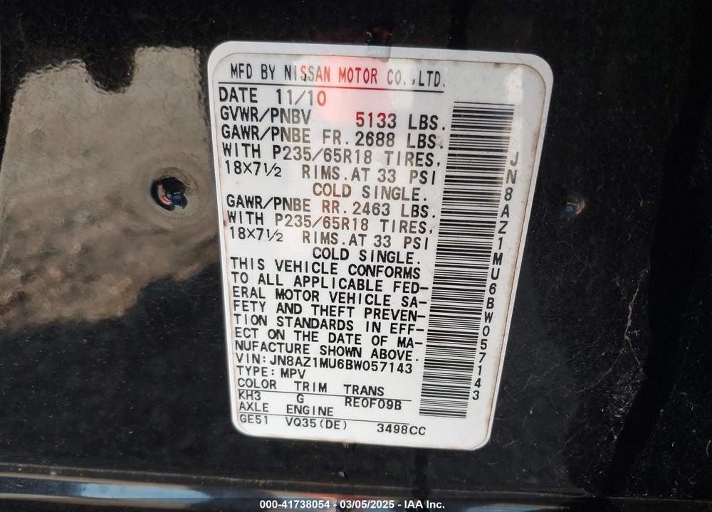 2011 NISSAN MURANO VIN: JN8AZ1MU6BW057143
