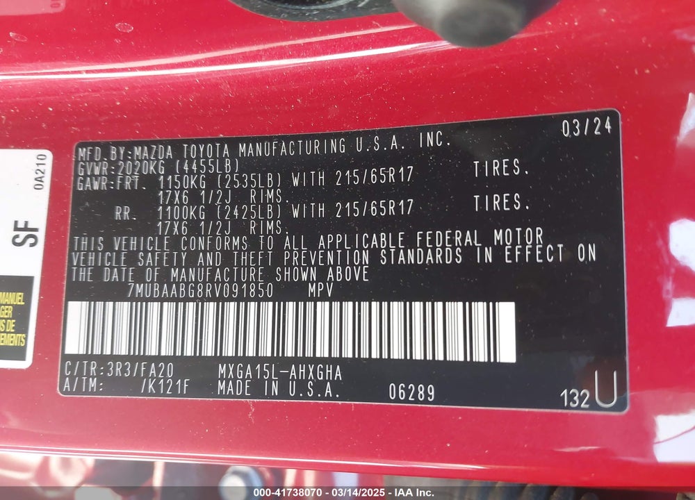 2024 TOYOTA COROLLA CROSS VIN: 7MUBAABG8RV091850