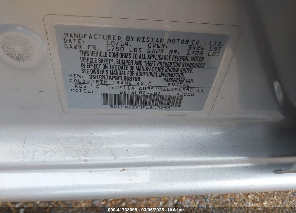 2015 NISSAN VERSA VIN: 3N1CN7AP9FL863798