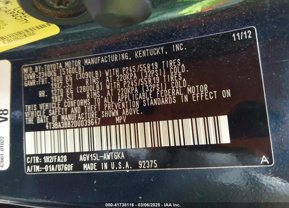 2013 TOYOTA VENZA VIN: 4T3BA3BB2DU039647