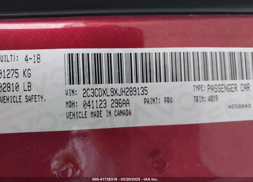 2018 DODGE CHARGER SRT HELLCAT RWD VIN: 2C3CDXL9XJH289135