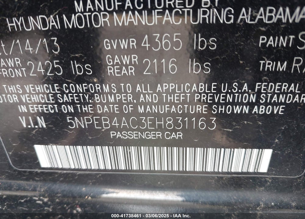 2014 HYUNDAI SONATA VIN: 5NPEB4AC3EH831163