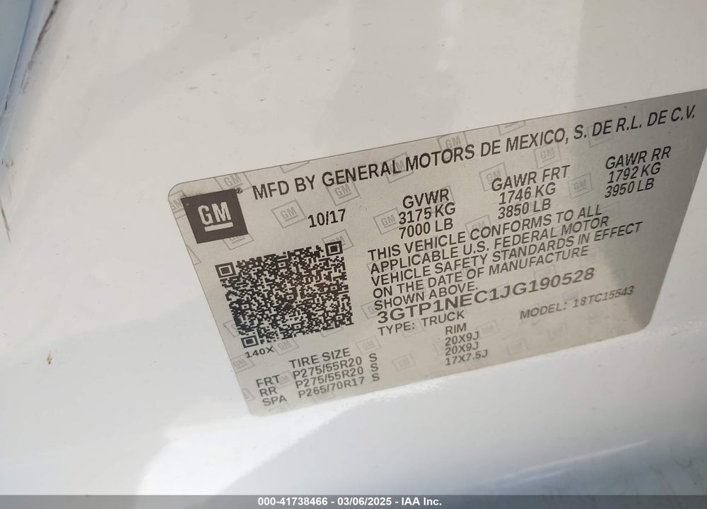 2018 GMC SIERRA 1500 VIN: 3GTP1NEC1JG190528