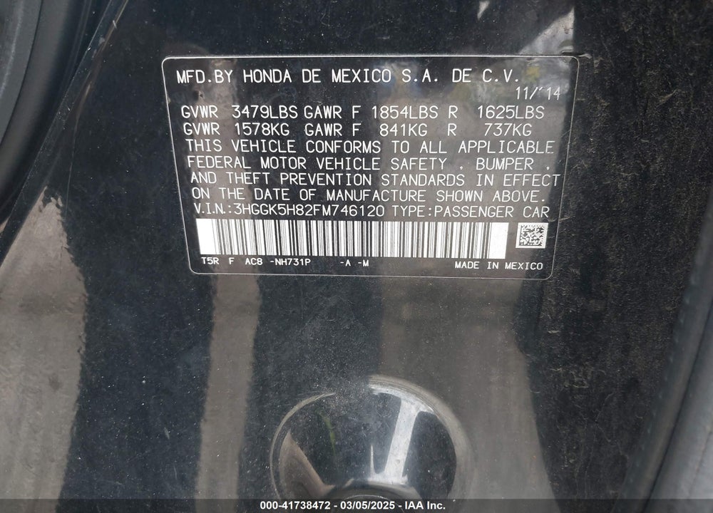 2015 HONDA FIT VIN: 3HGGK5H82FM746120