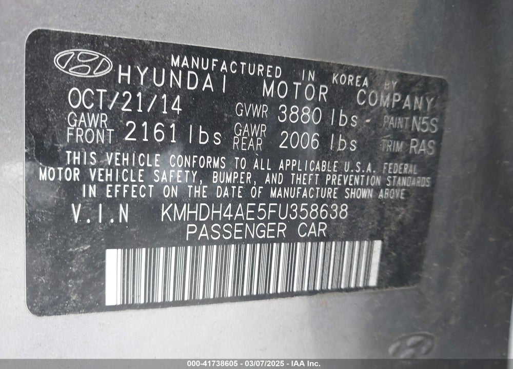 2015 HYUNDAI ELANTRA LIMITED VIN: KMHDH4AE5FU358638