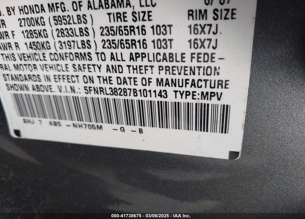 2007 HONDA ODYSSEY LX VIN: 5FNRL38287B101143