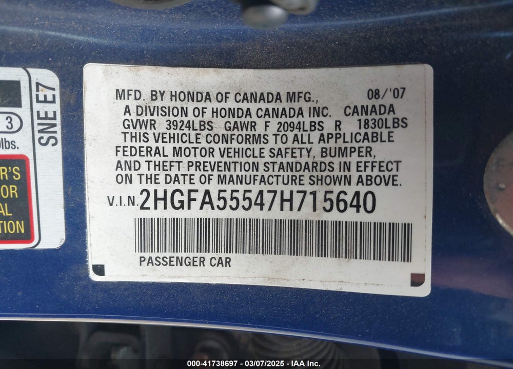 2007 HONDA CIVIC VIN: 2HGFA55547H715640