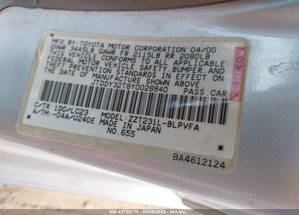 2000 TOYOTA CELICA VIN: JTDDY32T8Y0028840