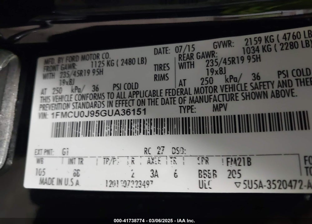 2016 FORD ESCAPE VIN: 1FMCU0J95GUA36151