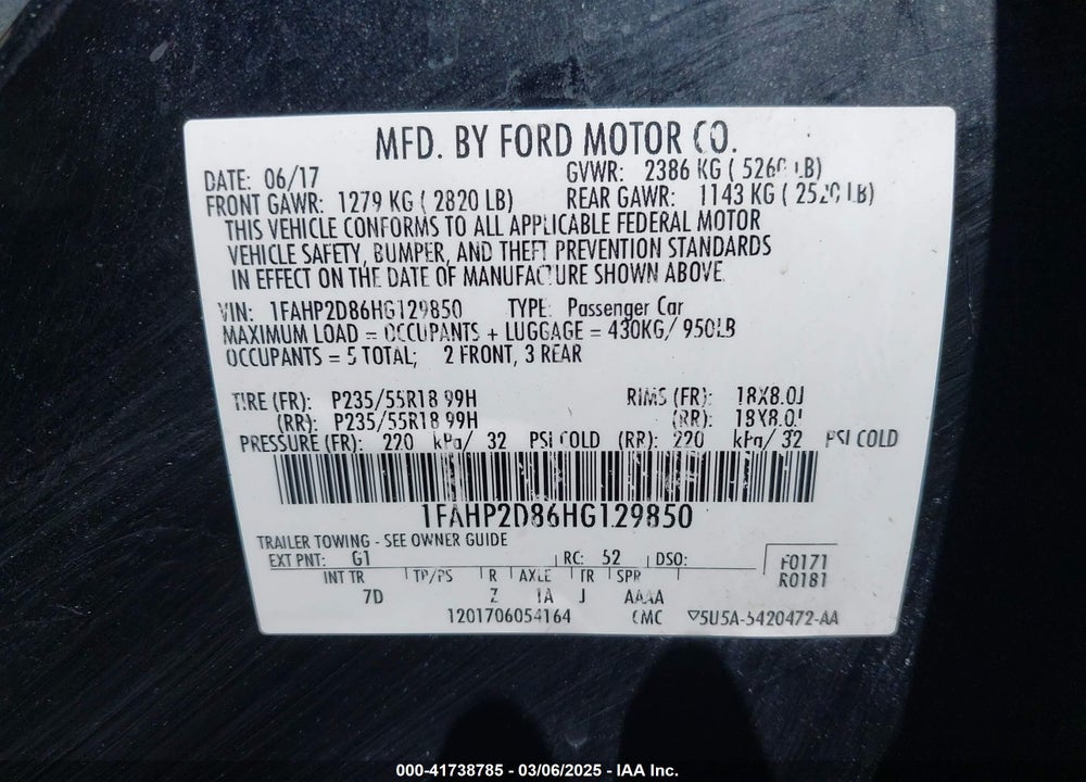 2017 FORD TAURUS VIN: 1FAHP2D86HG129850