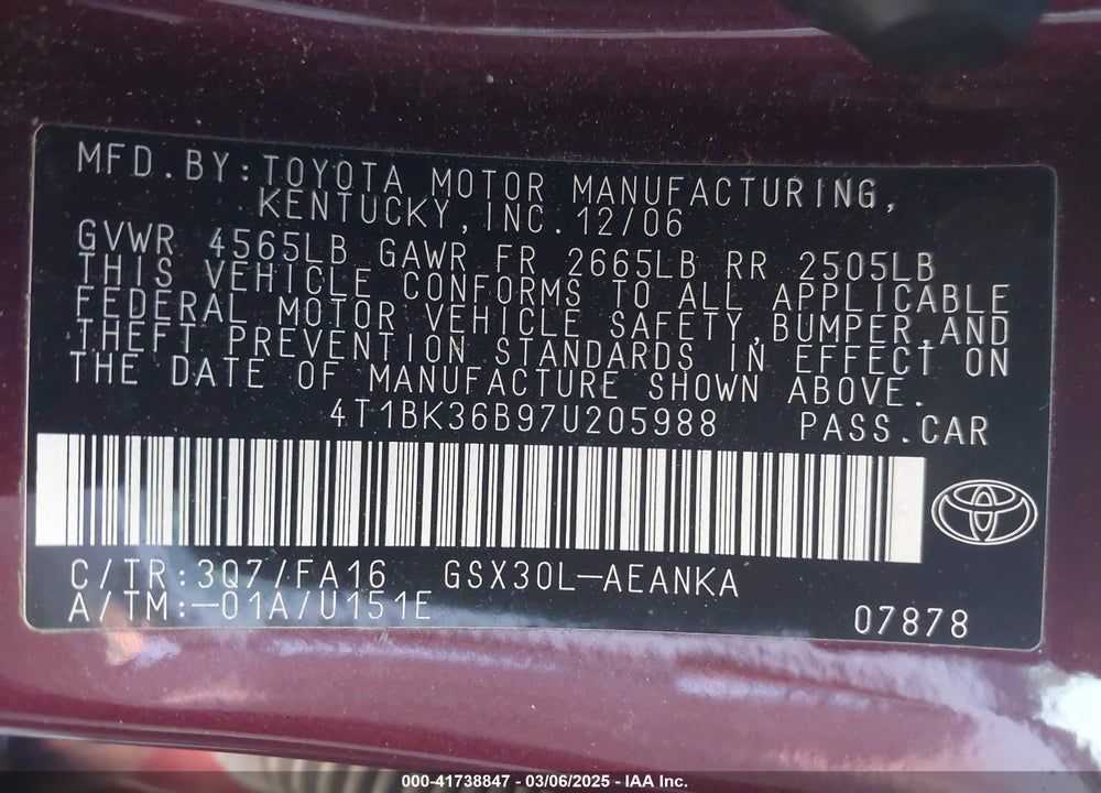 2007 TOYOTA AVALON VIN: 4T1BK36B97U205988