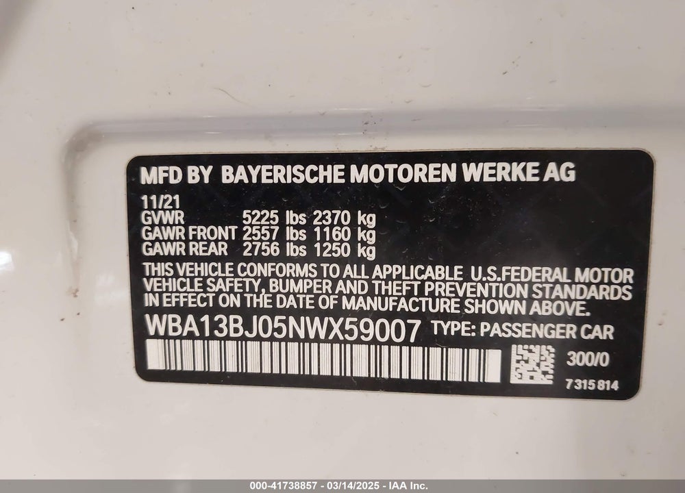 2022 BMW 530 VIN: WBA13BJ05NWX59007