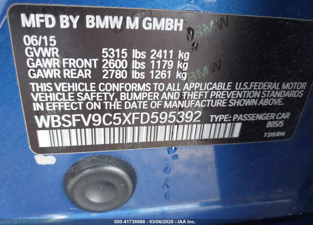 2015 BMW M5 VIN: WBSFV9C5XFD595392
